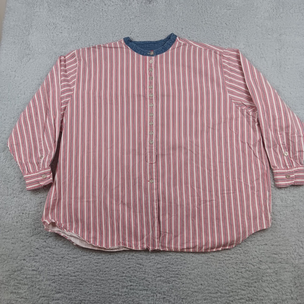 Venezia Jeans Shirt Button Down Woman‎ 26/28 Red White Blue Striped Band Collar